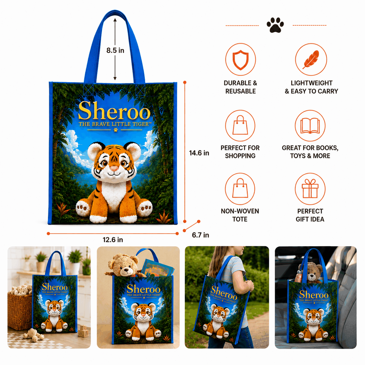 Sheroo Non-Woven Tote bag with exclusive tiger artwork, durable lightweight fabric, reinforced handles, and spacious design for grocery shopping