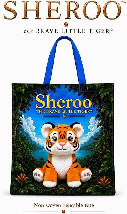 Sheroo Non-Woven Tote bag with vibrant tiger jungle artwork, durable lightweight fabric, reinforced blue handles, 14.6x12.6x6.7 inches, reusable shopping tote