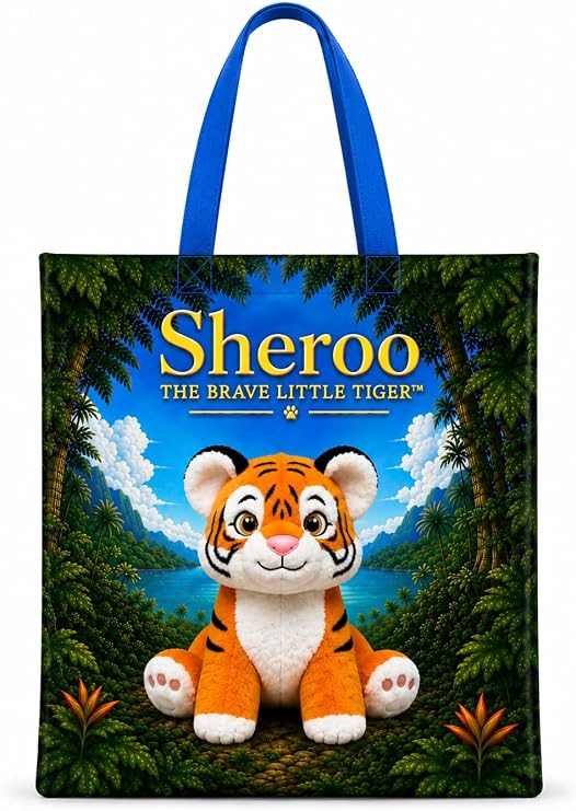 Sheroo Non-Woven Tote bag with vibrant tiger artwork, durable laminated polypropylene, reinforced blue handles, spacious reusable grocery tote