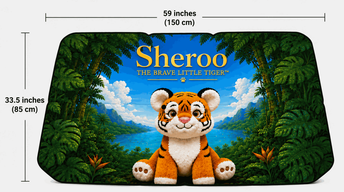 Sheroo Umbrella Car Sunshade with vibrant tiger artwork blocking sunlight and reducing heat inside vehicle