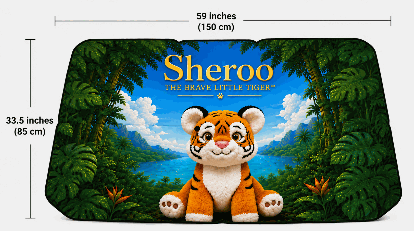 Sheroo Umbrella Car Sunshade with vibrant tiger artwork blocking sunlight and reducing heat inside vehicle