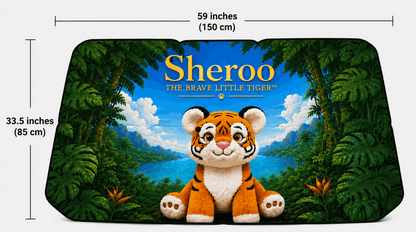 Sheroo Umbrella Car Sunshade with vibrant tiger artwork blocking sunlight and reducing heat inside vehicle