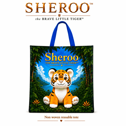 Sheroo Non-Woven Tote bag with vibrant tiger artwork, durable lightweight fabric, and reinforced handles for grocery shopping