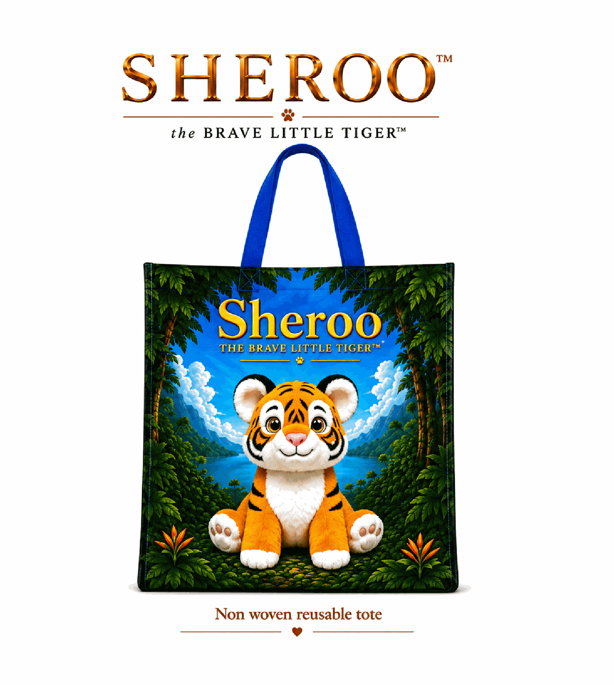 Sheroo Non-Woven Tote bag with vibrant tiger artwork, durable lightweight fabric, and reinforced handles