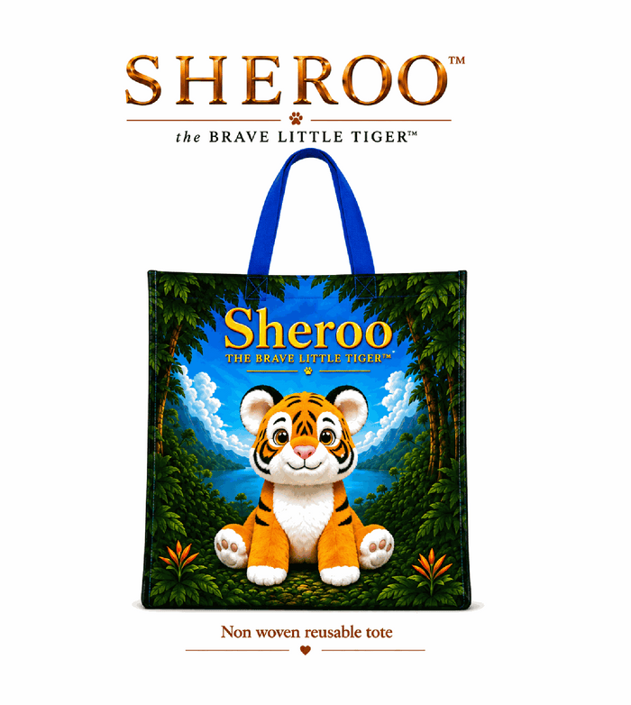 Sheroo the Brave Little Tiger™ Non-Woven Reusable Tote Bag | Durable & Lightweight, 14.6 x 12.6 x 4.7 in, Reinforced Handles, Exclusive Tiger Artwork