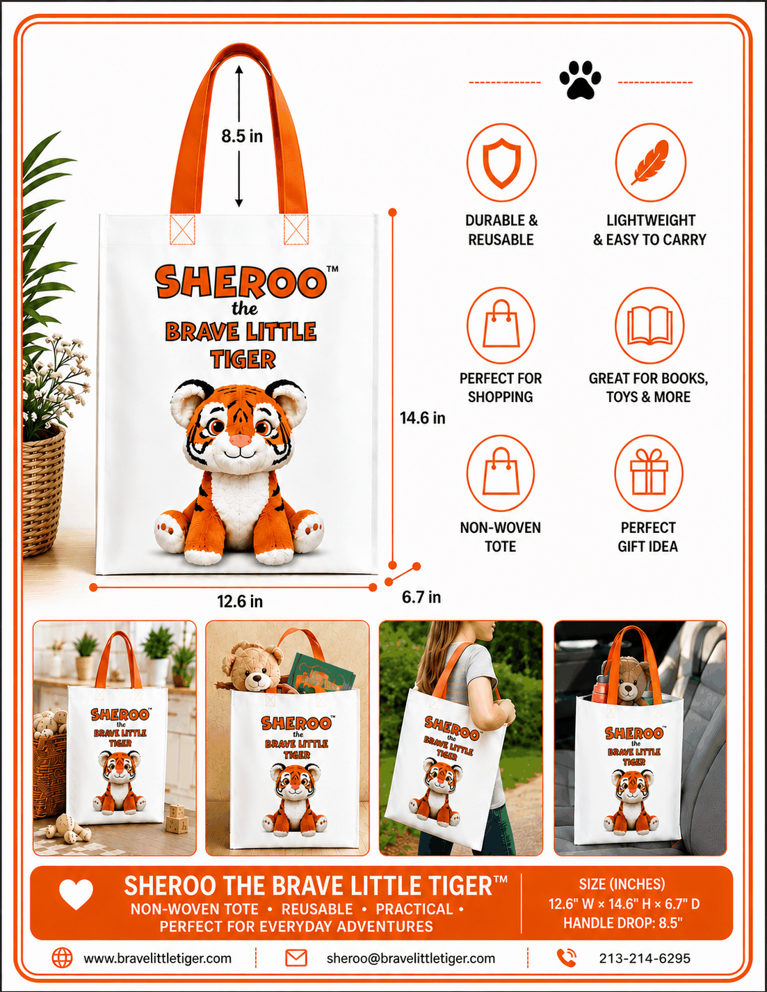 Sheroo Non-Woven Tote featuring Brave Little Tiger for eco-friendly everyday use