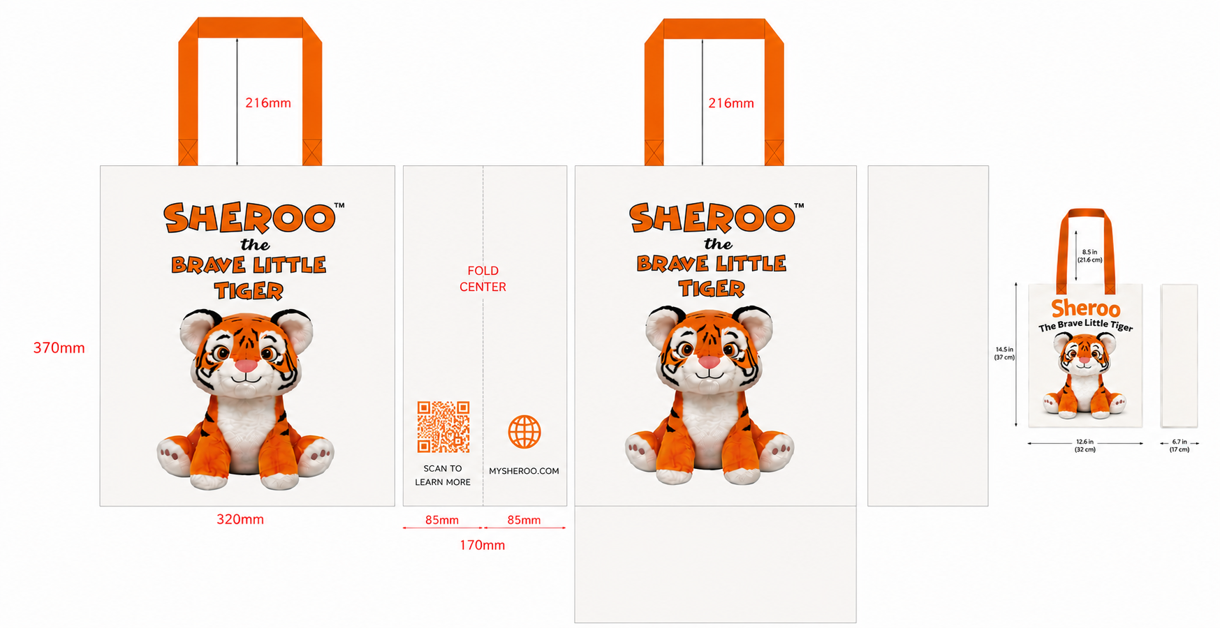 White Sheroo Non-Woven Tote with orange handles and Brave Little Tiger artwork, eco-friendly reusable bag for shopping and travel
