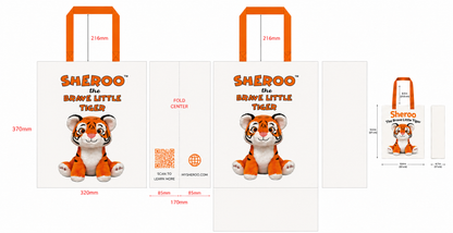 White Sheroo Non-Woven Tote with orange handles and Brave Little Tiger artwork, eco-friendly reusable bag for shopping and travel